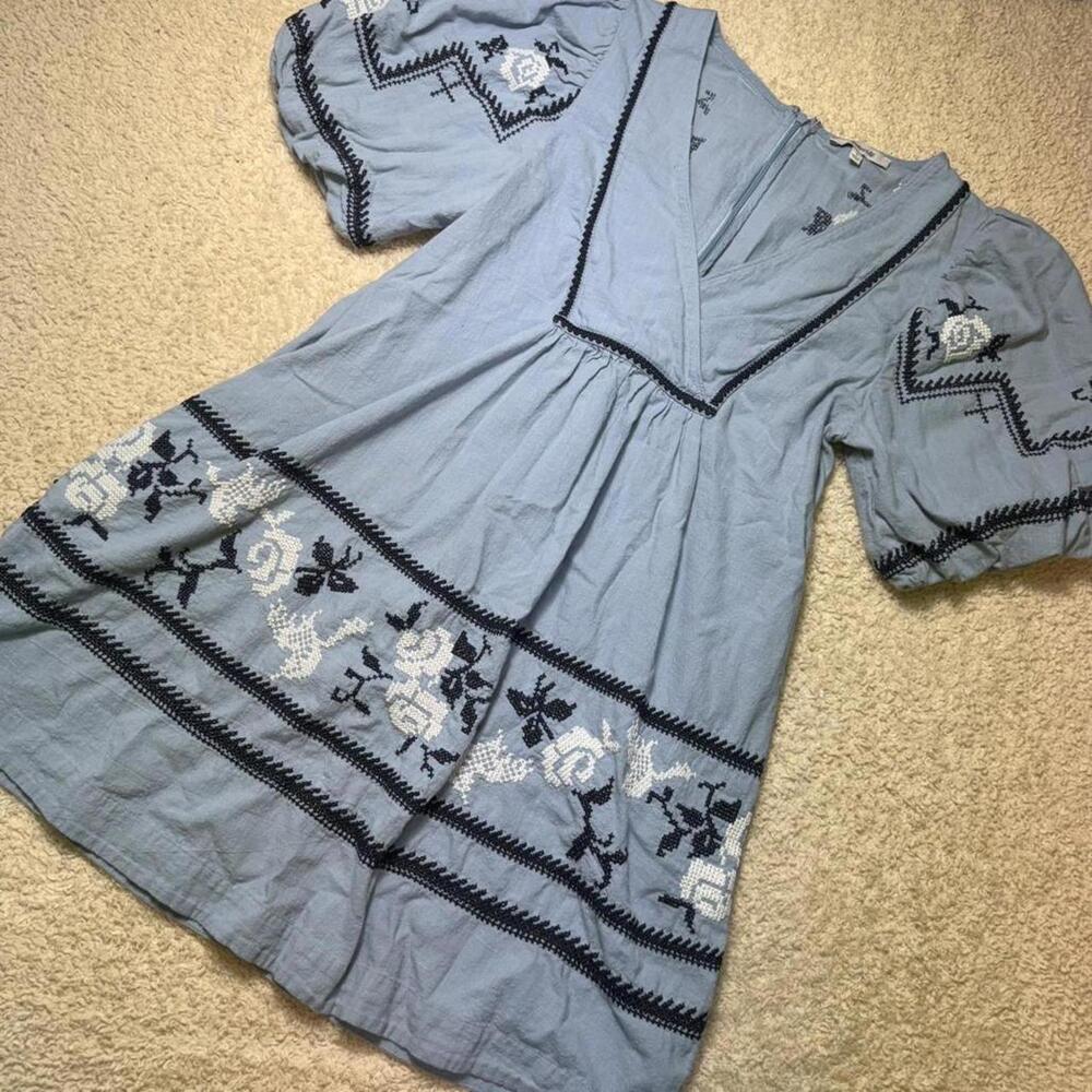 Madewell Cotton Embroidered Cottagecore Mini‎ Dress in Terrace Blue size 0 EUC